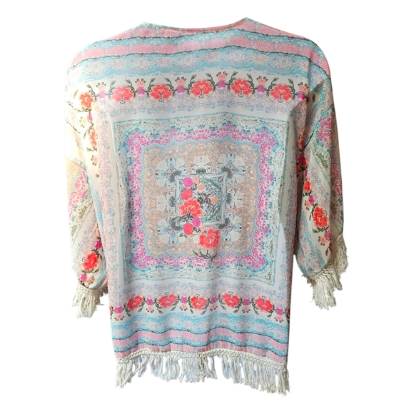 OPEN Floral Chiffon Fringe Boo-boo Style Swimsuit Cover-Up Size LG/XL - Picture 9 of 12